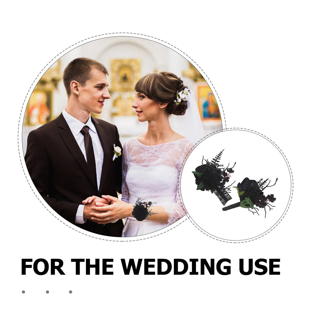 Artificial Black Rose Gothic Bridal Wrist Corsage Boutonniere Set Black Wedding Flower Set Groom Bride Wristlets