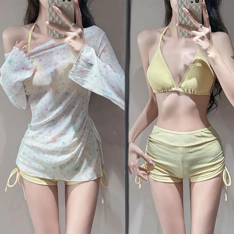 2026 New Summer Women's Korean Style Bikini Set Sweet Girl Beach Vacation Swimsuit Slimming Long Sleeve Cover Up
