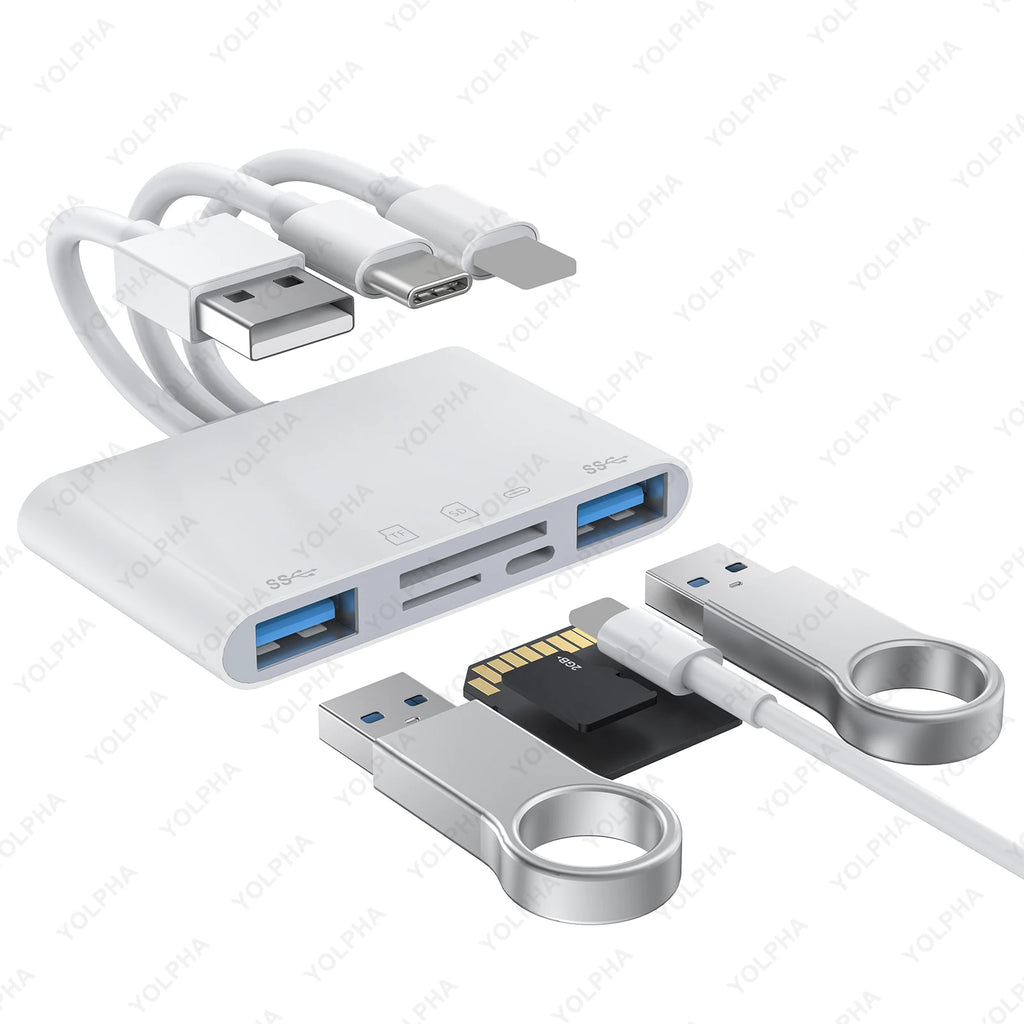 5in1 Memory Card Reader USB OTG SD Reader for iPhones iPads USB C A Devices Micro SD SD Slots support SD Micro SD SDHC SDXC MMC