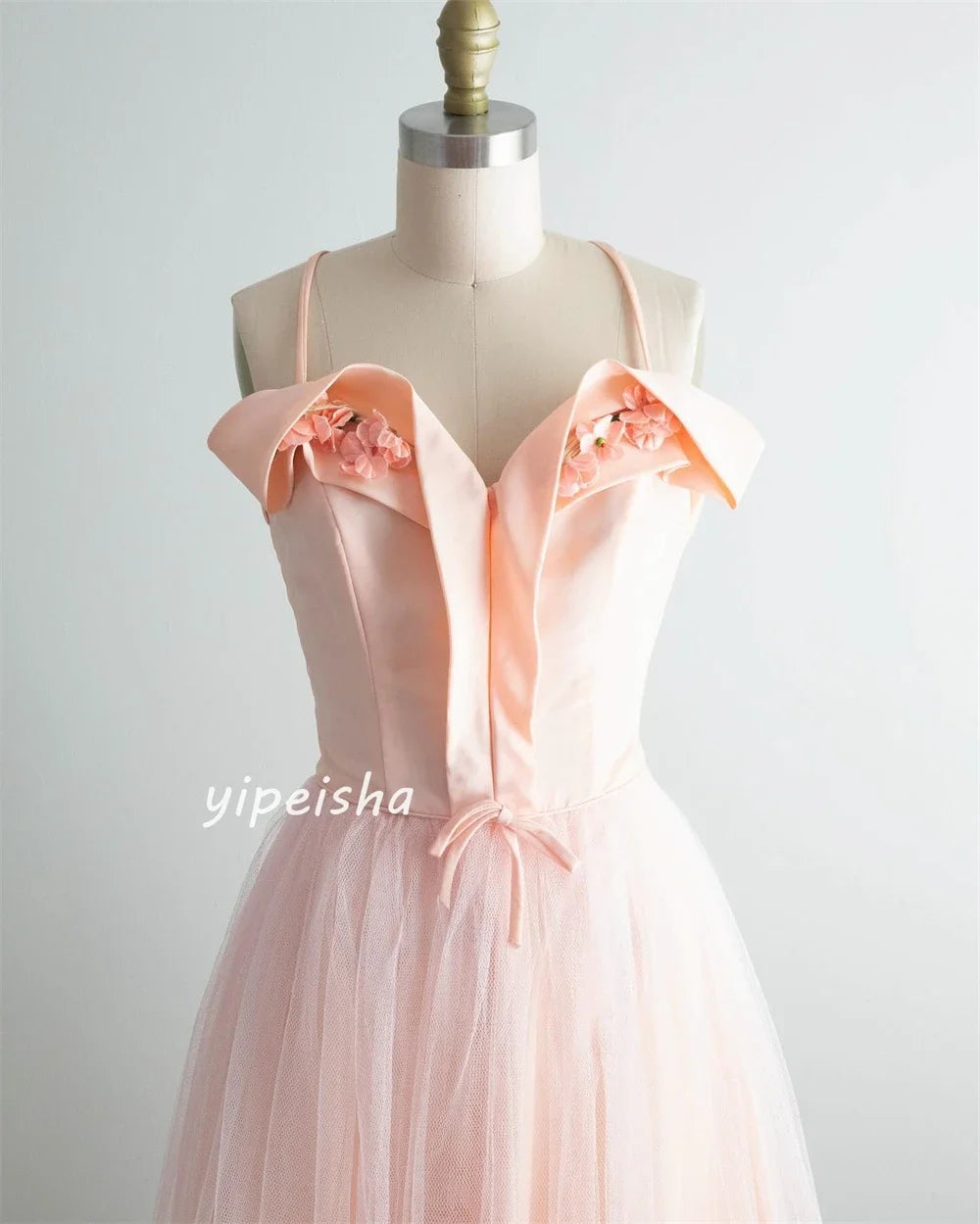 Customized Tulle Flower Ruched Wedding Party A-line V-neck Bespoke Occasion Gown Long Dresses
