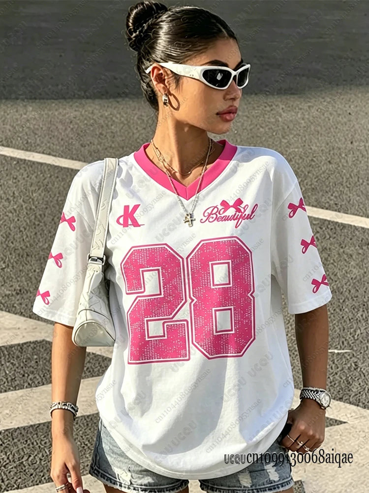 2026 Summer Black Speed 23 Printed T-Shirt For Women V-Neck Short Sleeve Sports Football Jersey Y2K Loose Oversized Tops