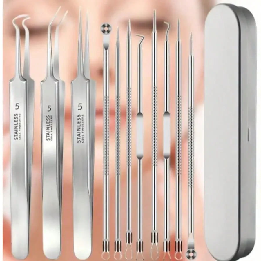 8Pcs Stainless Steel Acne Removal Tool Set  Blackhead Tweezers & Pimple Needle Kit With Storage Case