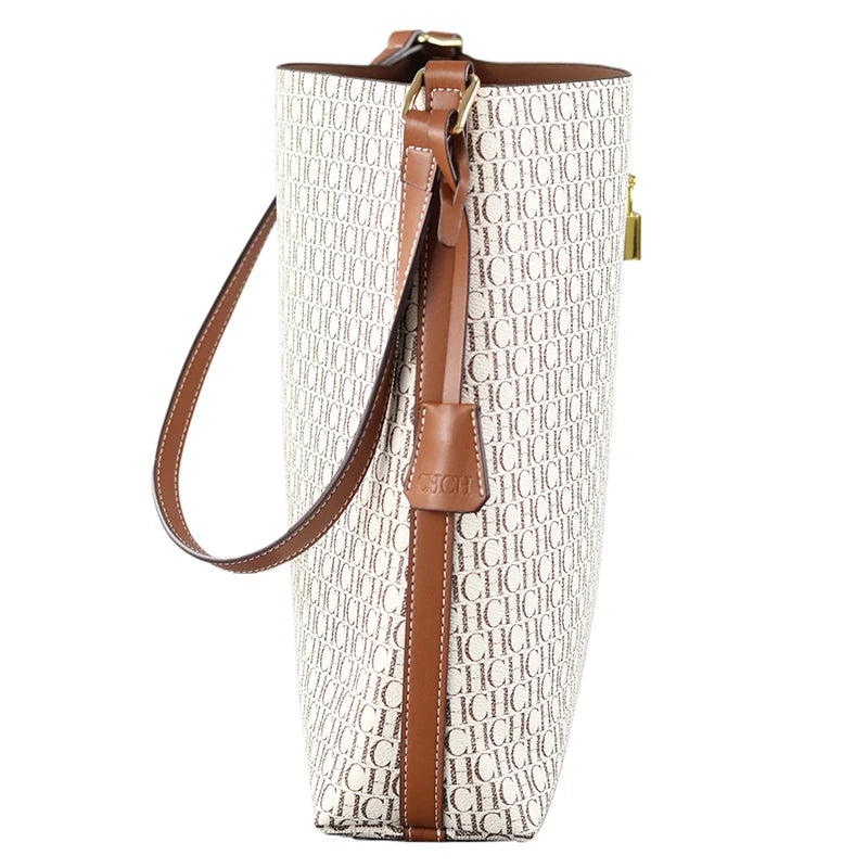 CH Brand Women Bucket Bag 2026 New Retro Monogram Print Shoulder Crossbody Bag Fashion Large Capacity Lock Decor Handbag