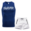 Men Compression Training Set Sleeveless Tank Top Wing Spiky Text Print Double Zipper Pocket Shorts Quick Dry Athletic Gym Suit