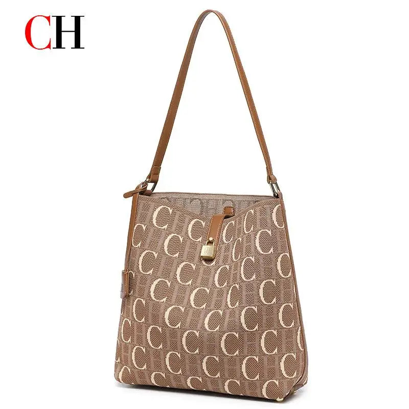 CH Women Hobo Bag Monogram Pattern Gold Lock Hardware Large Capacity 2026 New Shoulder Bag Durable Daily Commute Shopping