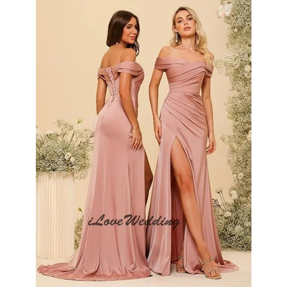 Women's Wedding Bridesmaid Dress Sleeveless off Shoulder Prom Dress Sweep Train Solid Color Satin Side Split Skirt Customized