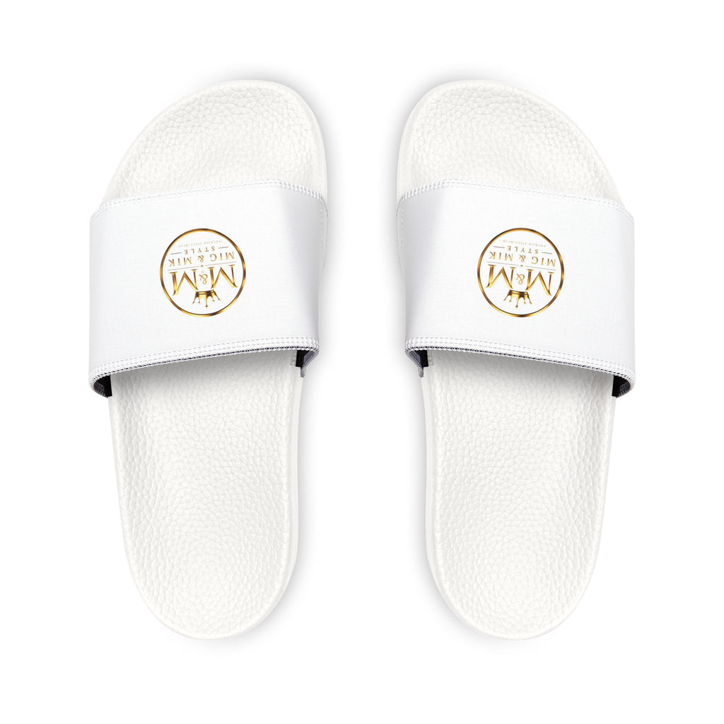 Women's Removable-Strap Sandals — White Slide Sandals with Gold Emblem
