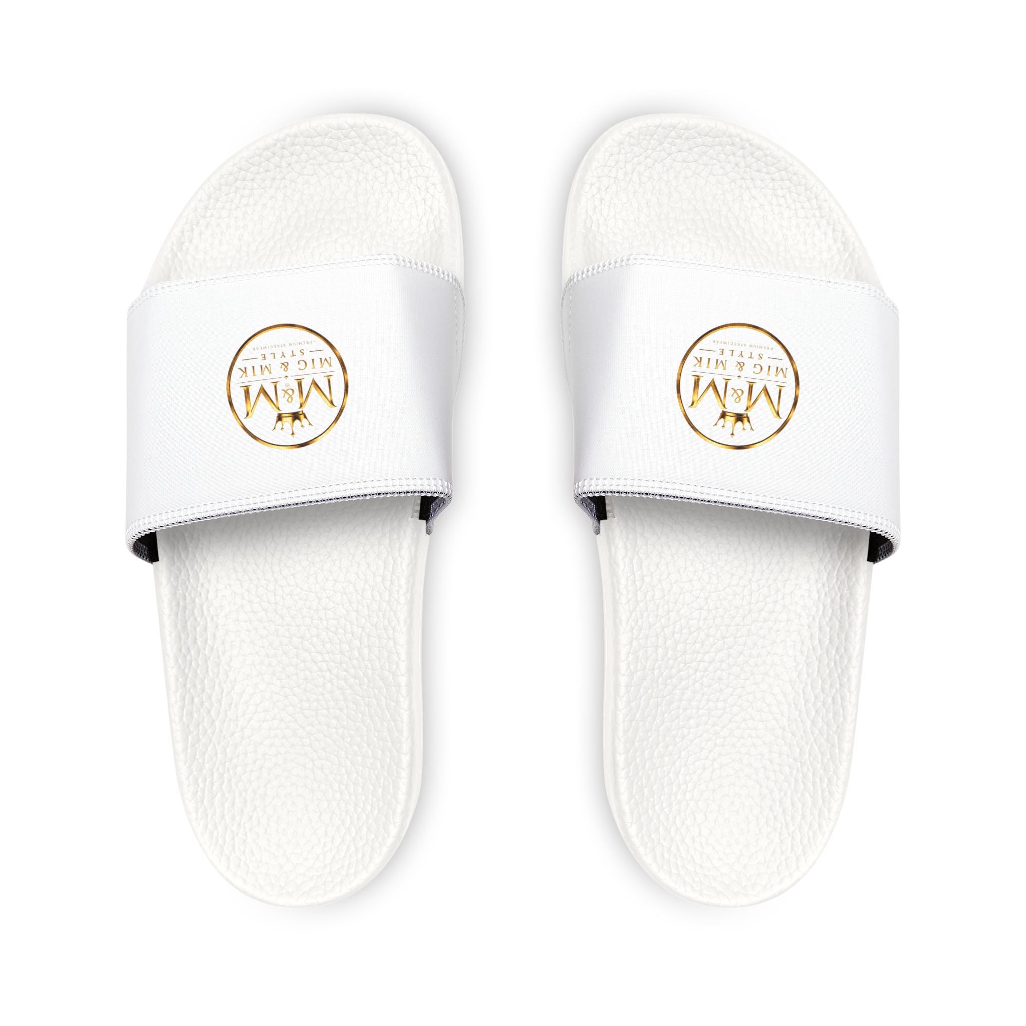Women's Removable-Strap Sandals — White Slide Sandals with Gold Emblem