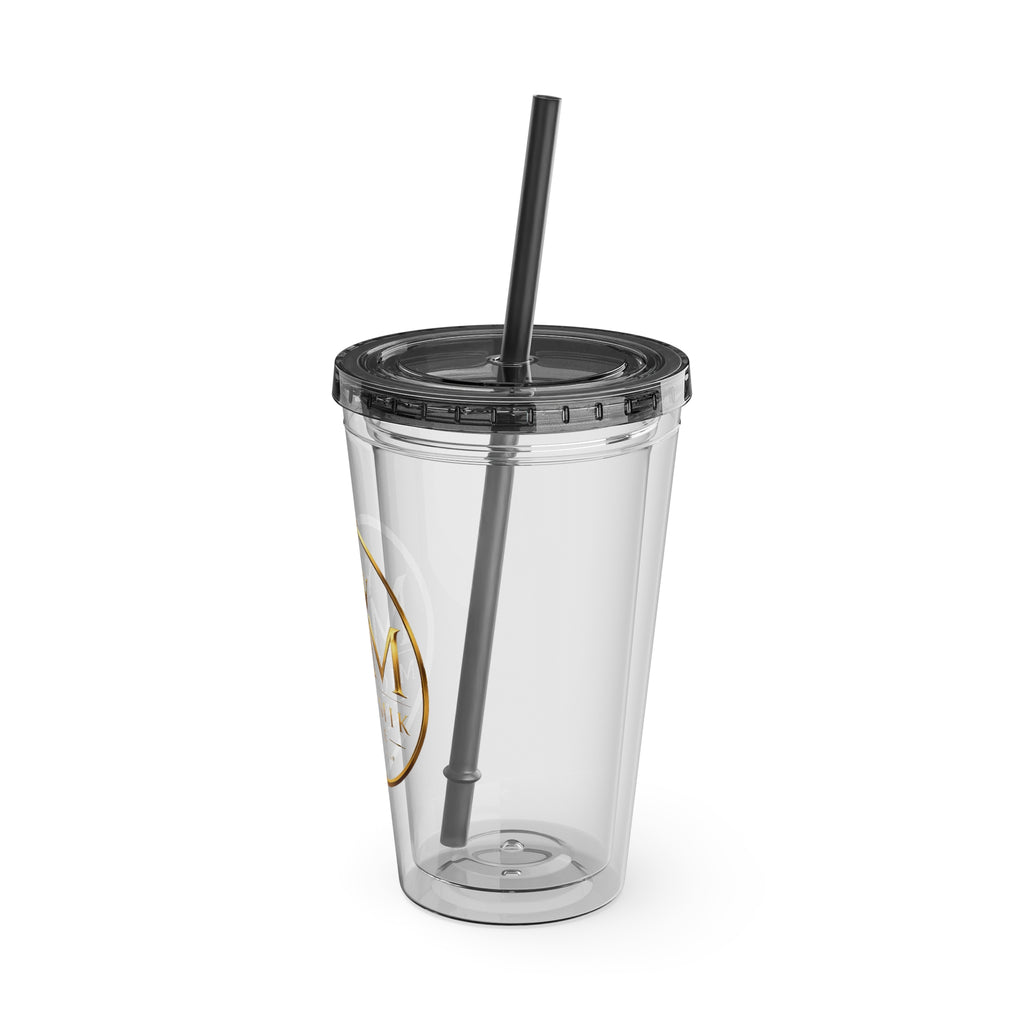 16oz Clear Tumbler with Straw — Gold Monogram 'MM' Crown Logo