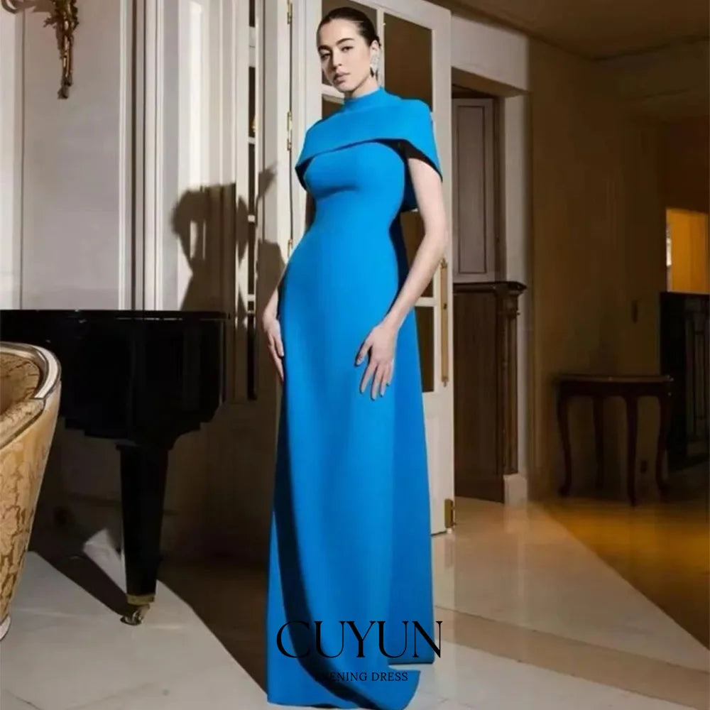 CUYUN Customized Blue Evening Jersey Draped Button Birthday A-line High Collar Bespoke Occasion Gown Long Dresses