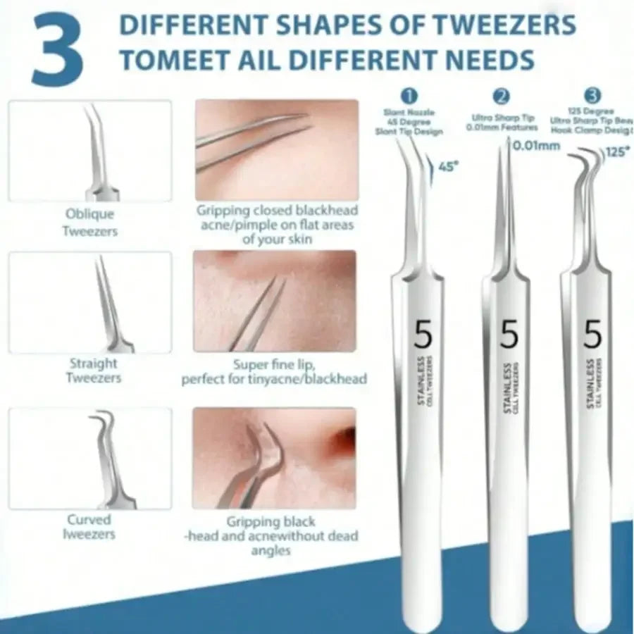 8Pcs Stainless Steel Acne Removal Tool Set  Blackhead Tweezers & Pimple Needle Kit With Storage Case