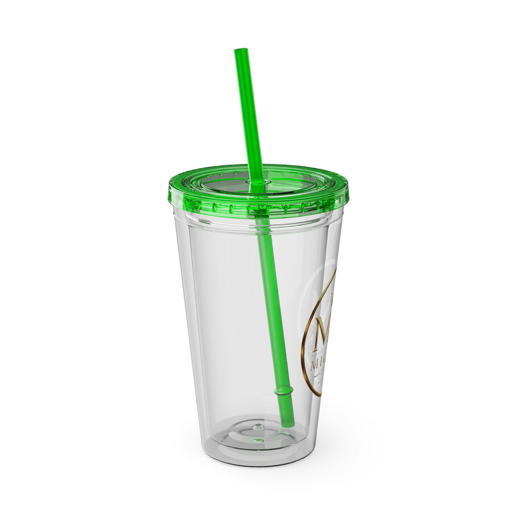 16oz Clear Tumbler with Straw — Gold Monogram 'MM' Crown Logo