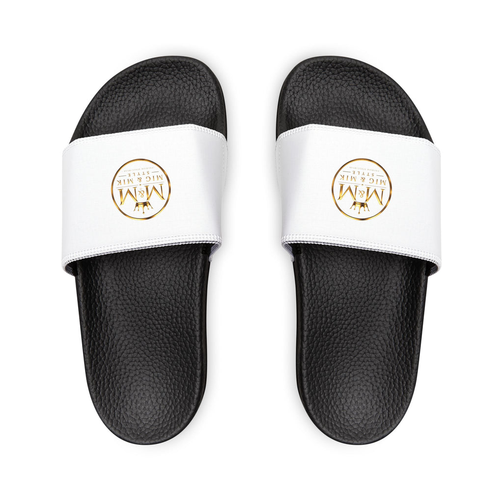 Women's Removable-Strap Sandals — White Slide Sandals with Gold Emblem