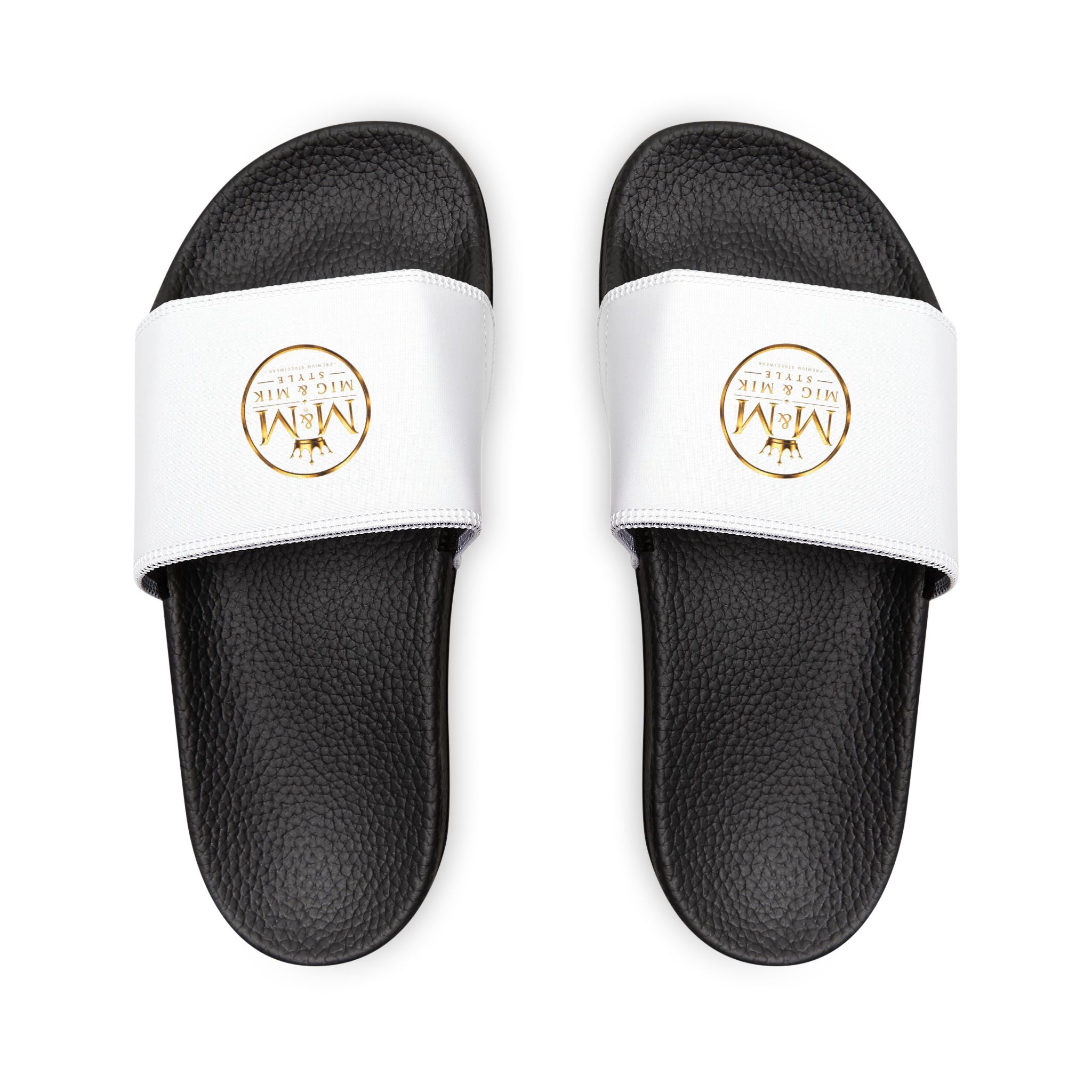 Women's Removable-Strap Sandals — White Slide Sandals with Gold Emblem