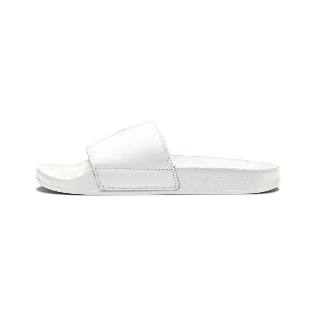 Women's Removable-Strap Sandals — White Slide Sandals with Gold Emblem