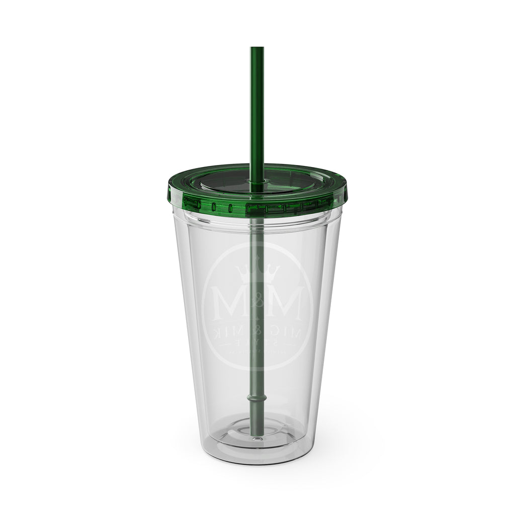 16oz Clear Tumbler with Straw — Gold Monogram 'MM' Crown Logo