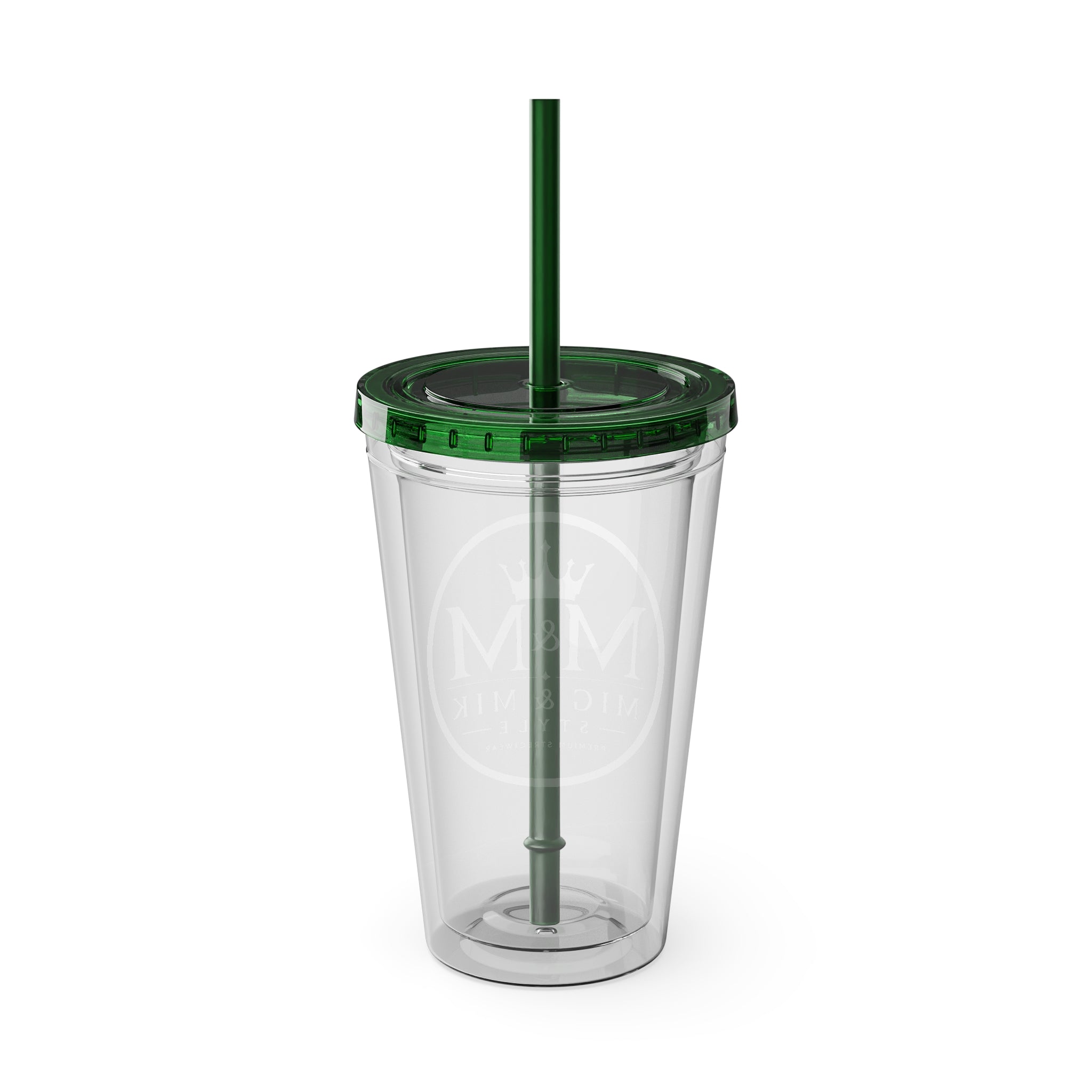 16oz Clear Tumbler with Straw — Gold Monogram 'MM' Crown Logo