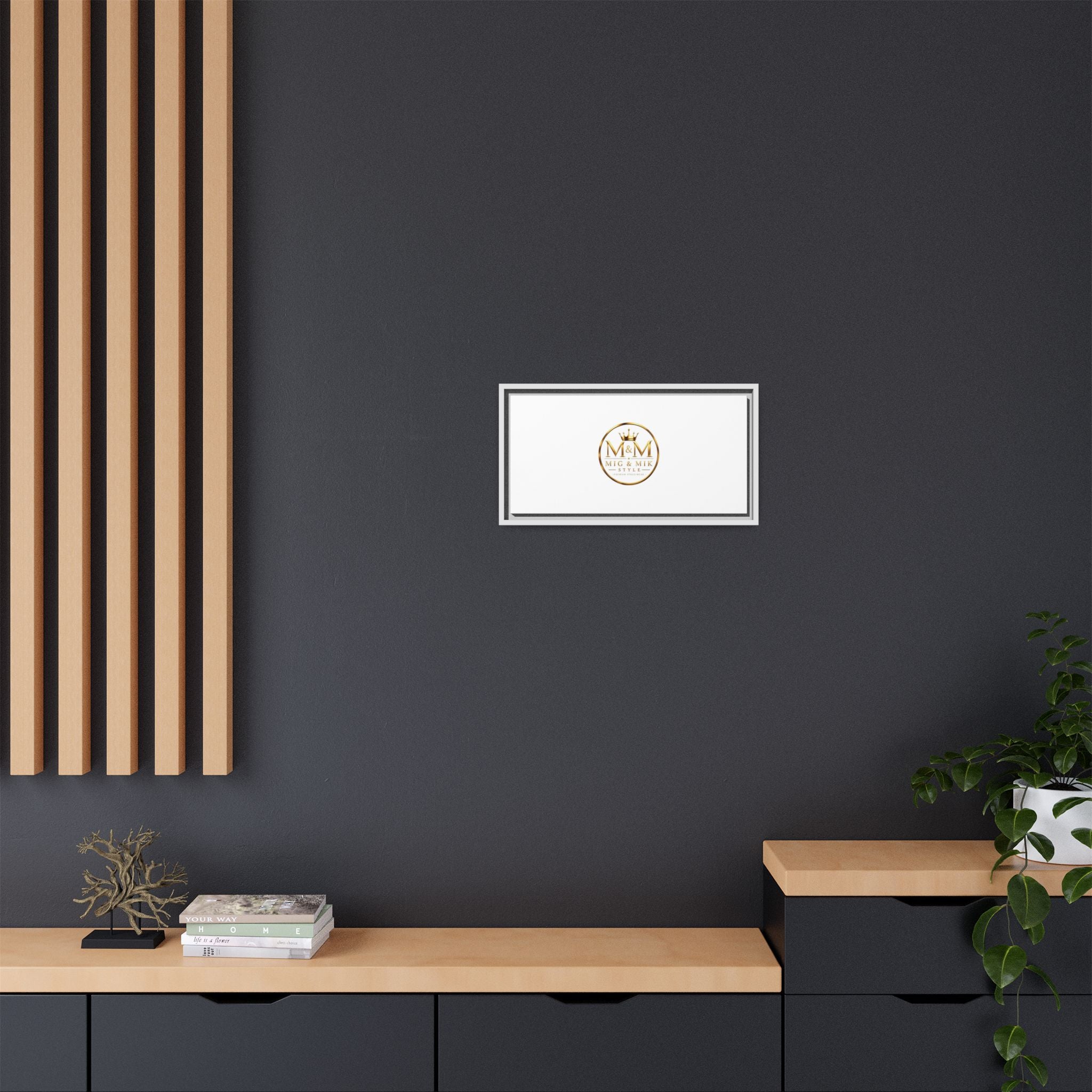Framed Matte Canvas Print — Gold Mig & Mik Logo Wall Art
