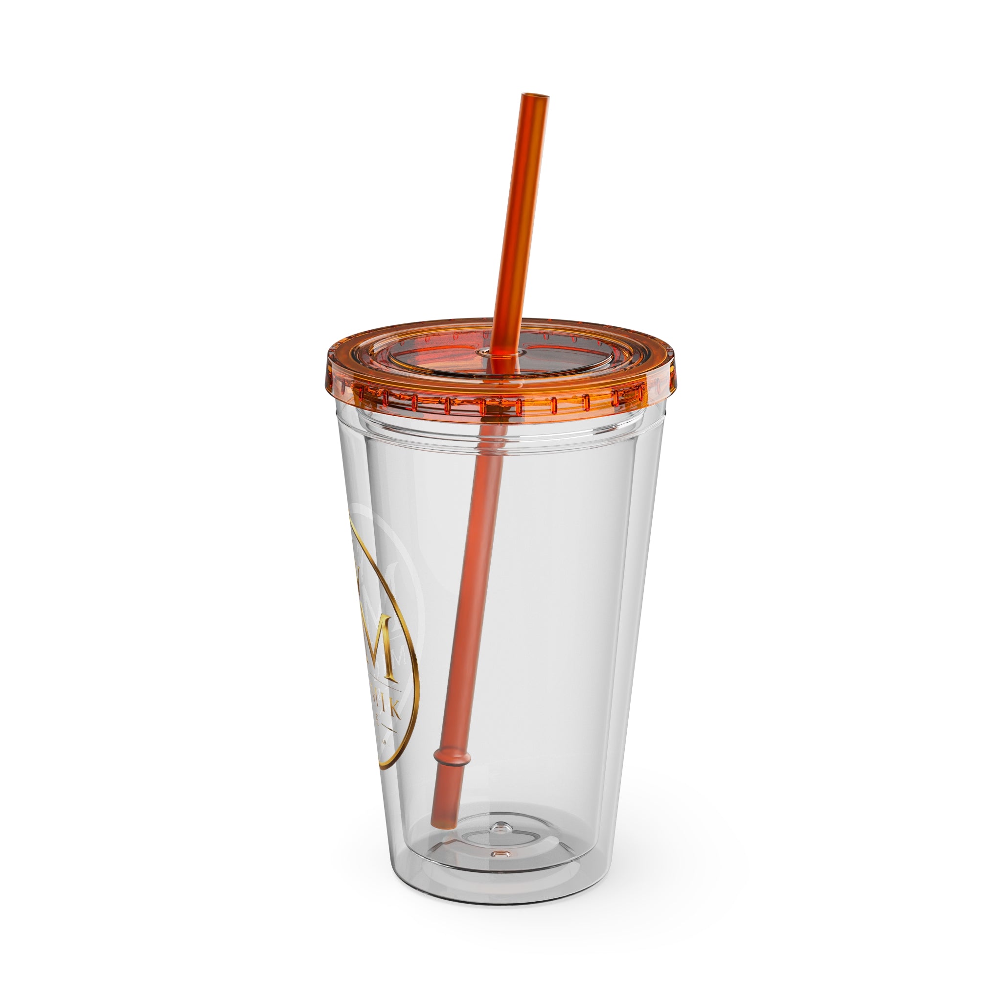 16oz Clear Tumbler with Straw — Gold Monogram 'MM' Crown Logo