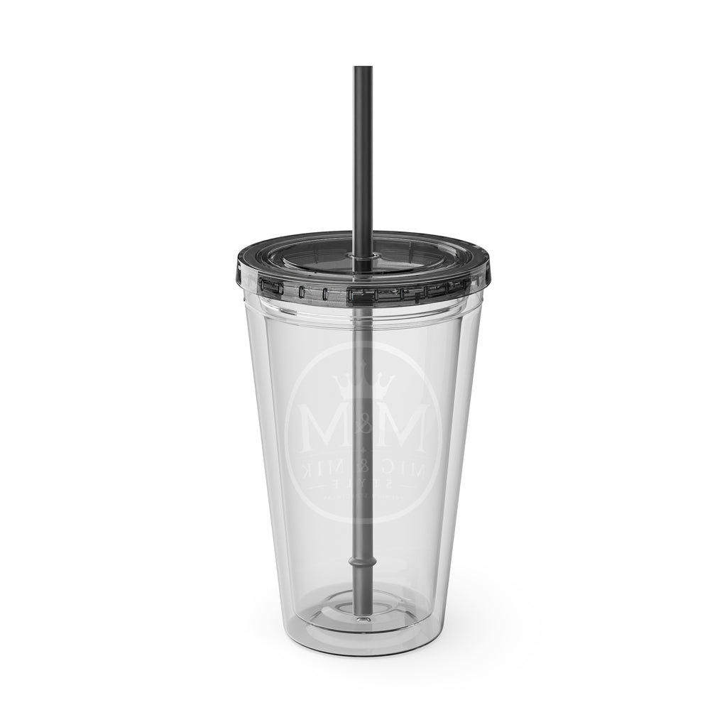 16oz Clear Tumbler with Straw — Gold Monogram 'MM' Crown Logo