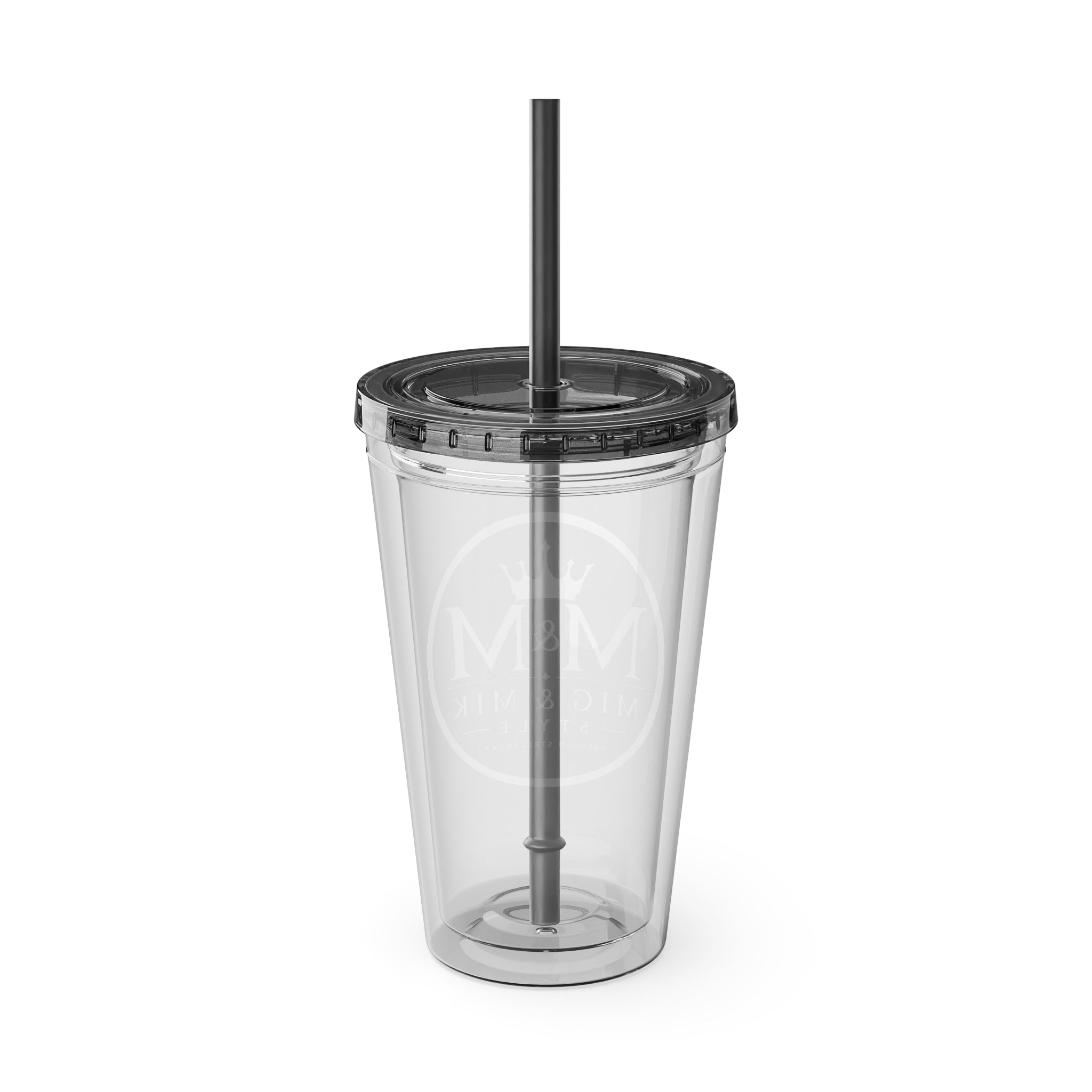 16oz Clear Tumbler with Straw — Gold Monogram 'MM' Crown Logo