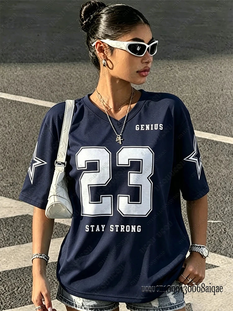 2026 Summer Black Speed 23 Printed T-Shirt For Women V-Neck Short Sleeve Sports Football Jersey Y2K Loose Oversized Tops