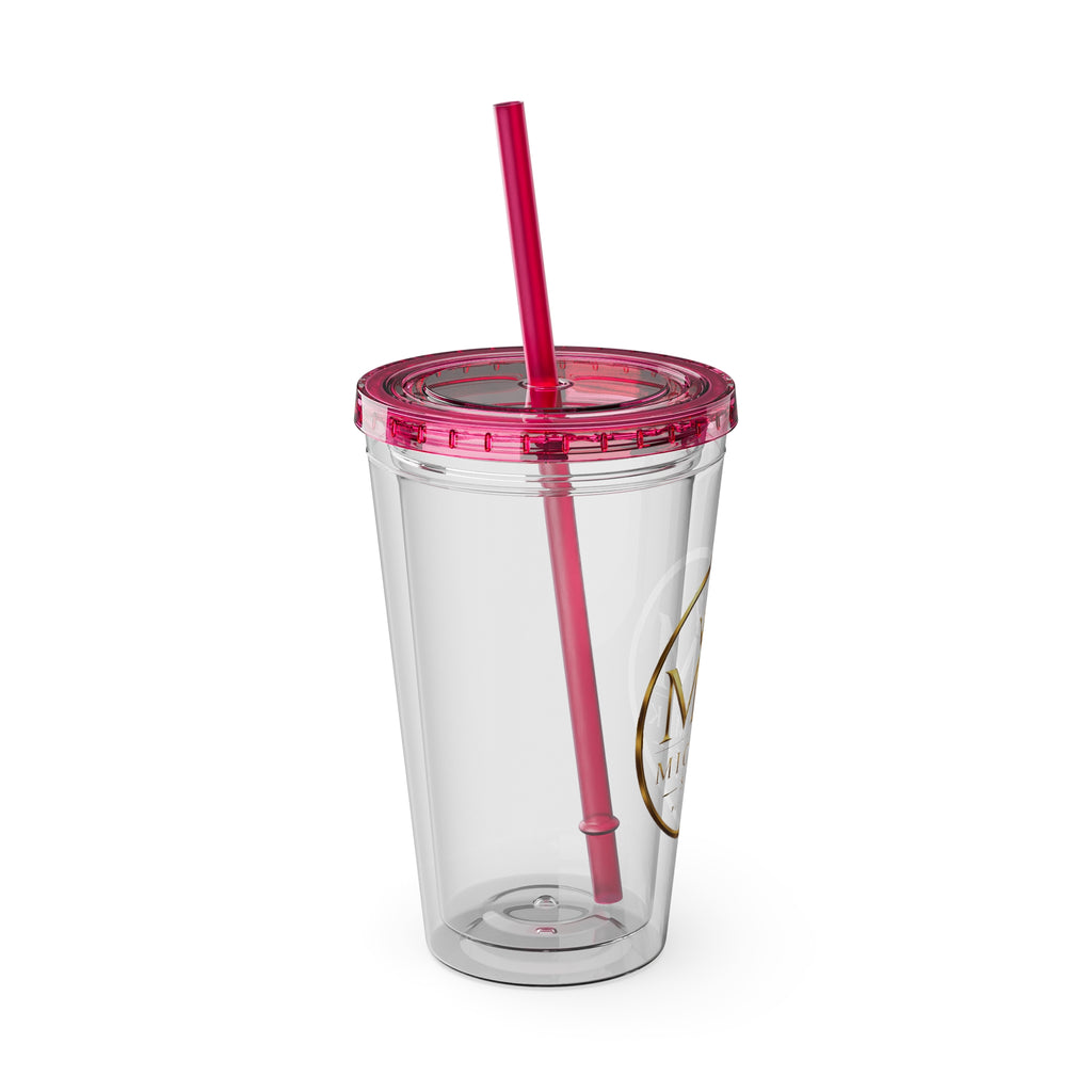 16oz Clear Tumbler with Straw — Gold Monogram 'MM' Crown Logo