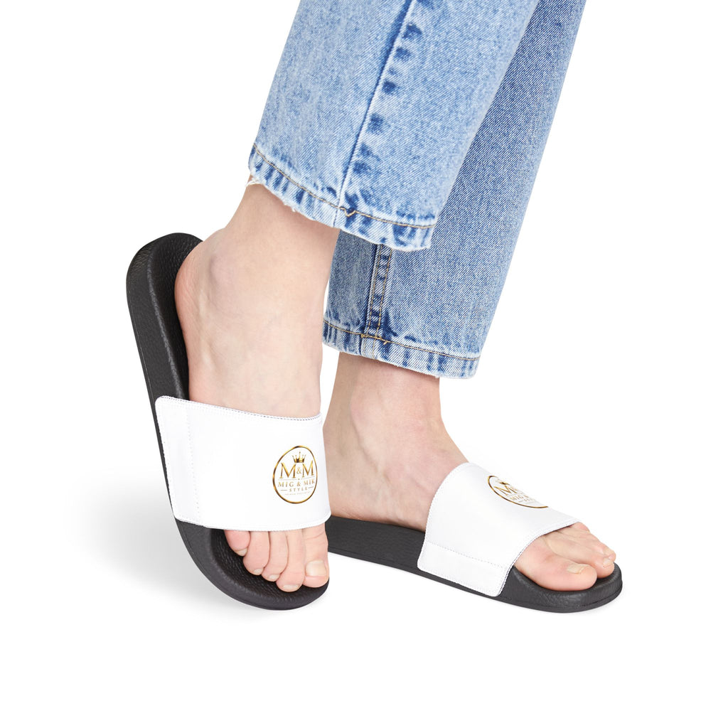 Women's Removable-Strap Sandals — White Slide Sandals with Gold Emblem