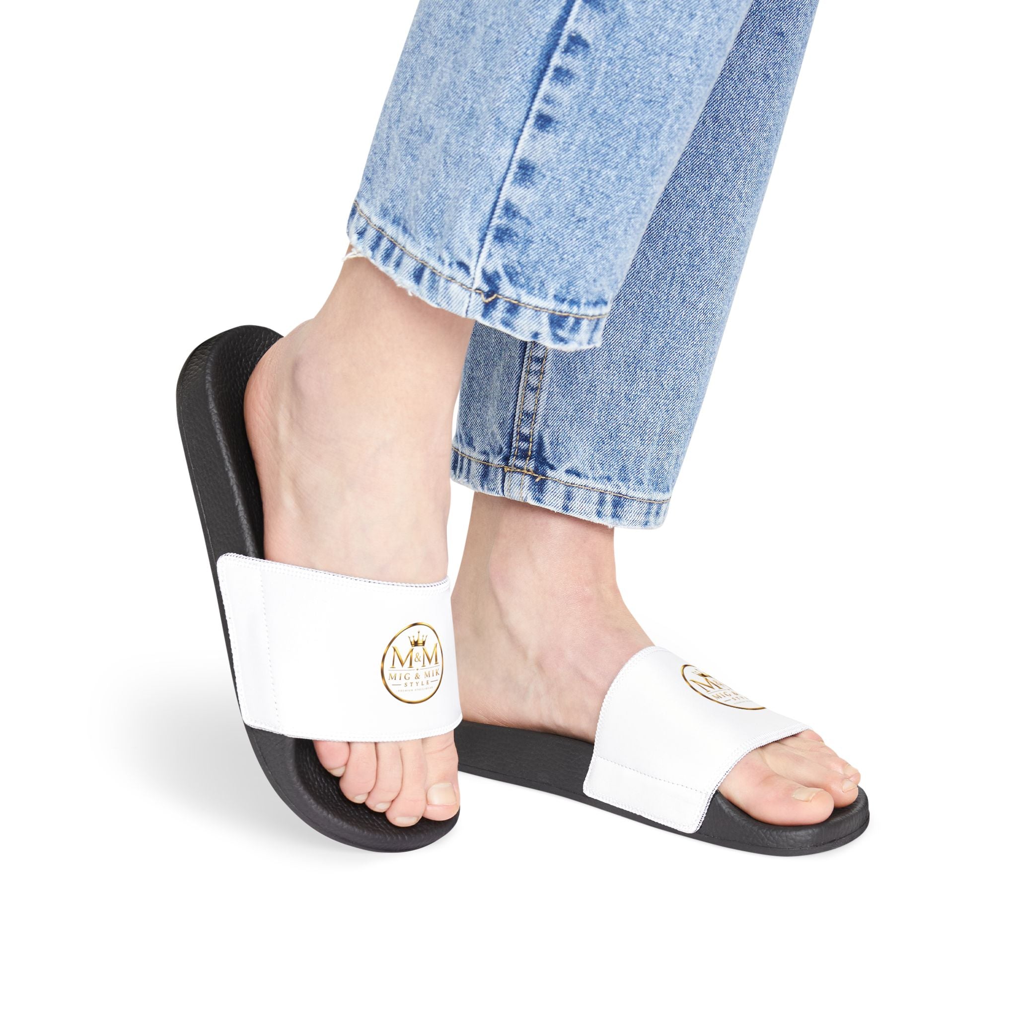 Women's Removable-Strap Sandals — White Slide Sandals with Gold Emblem
