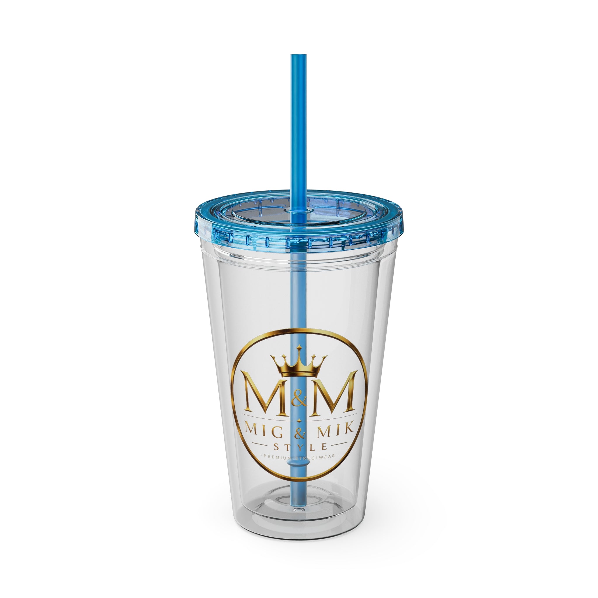 16oz Clear Tumbler with Straw — Gold Monogram 'MM' Crown Logo