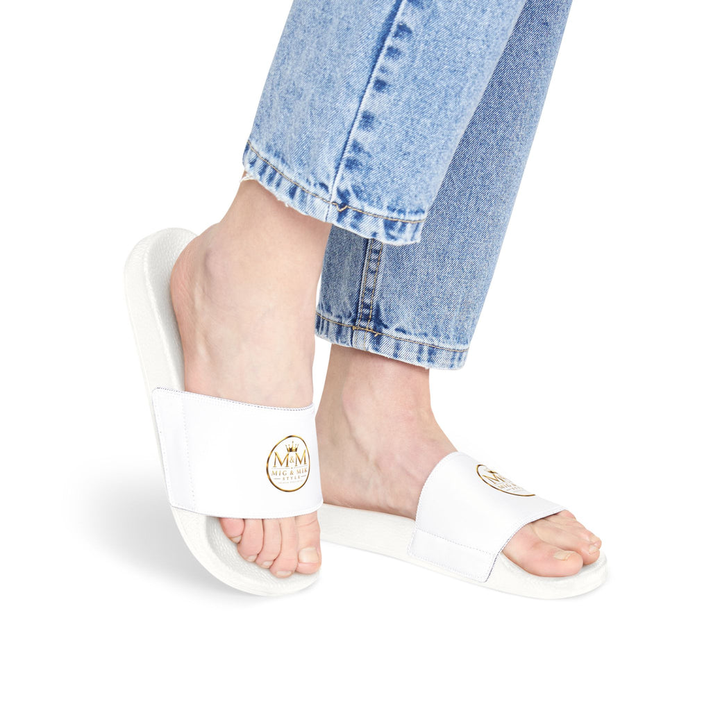 Women's Removable-Strap Sandals — White Slide Sandals with Gold Emblem