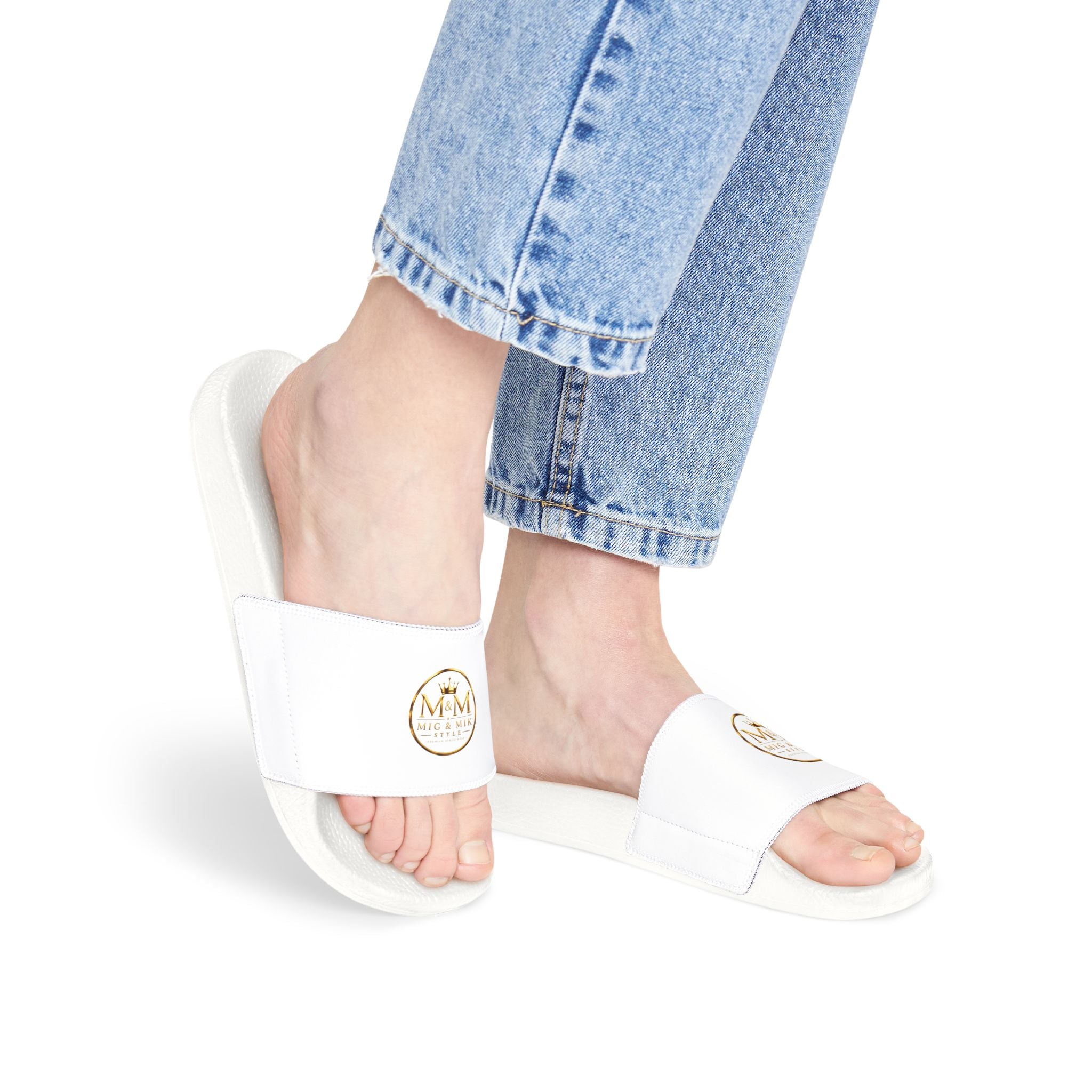 Women's Removable-Strap Sandals — White Slide Sandals with Gold Emblem