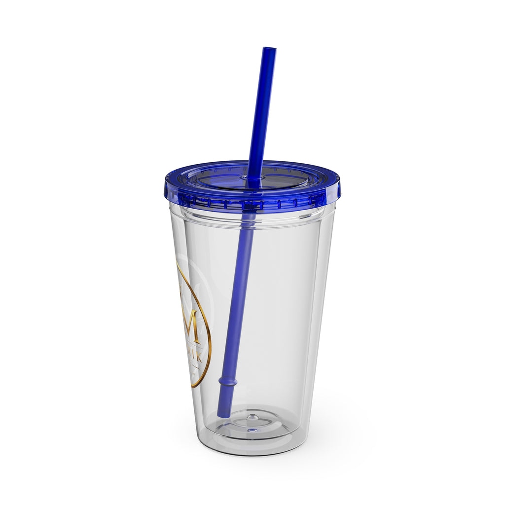16oz Clear Tumbler with Straw — Gold Monogram 'MM' Crown Logo