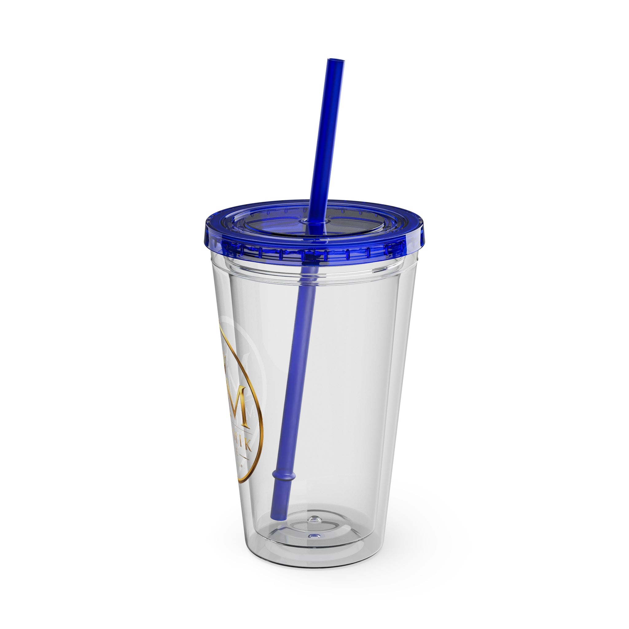 16oz Clear Tumbler with Straw — Gold Monogram 'MM' Crown Logo