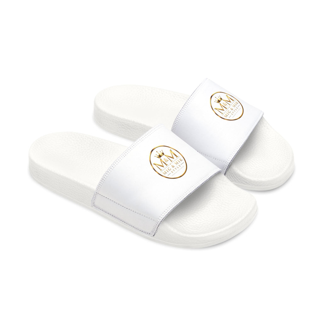 Women's Removable-Strap Sandals — White Slide Sandals with Gold Emblem