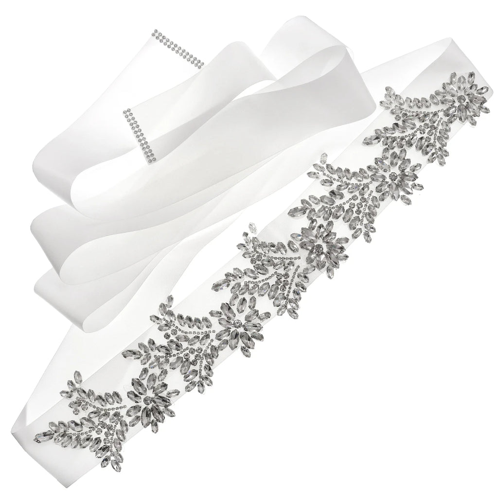 Luxury 41.5cm Rhinestone Wedding Belt High Quality Crystal Bridal Sash Silver Flower Applique for Evening Party Gown Prom Dress