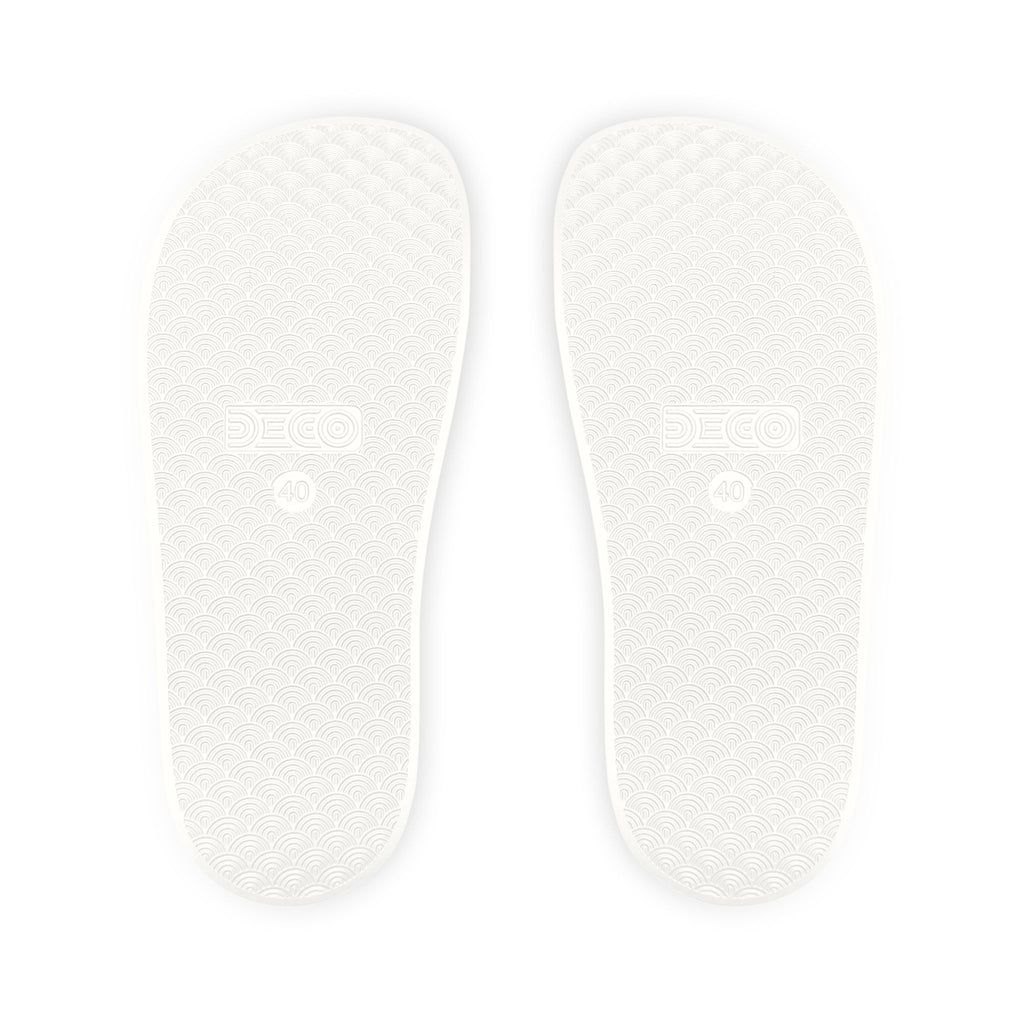 Women's Removable-Strap Sandals — White Slide Sandals with Gold Emblem