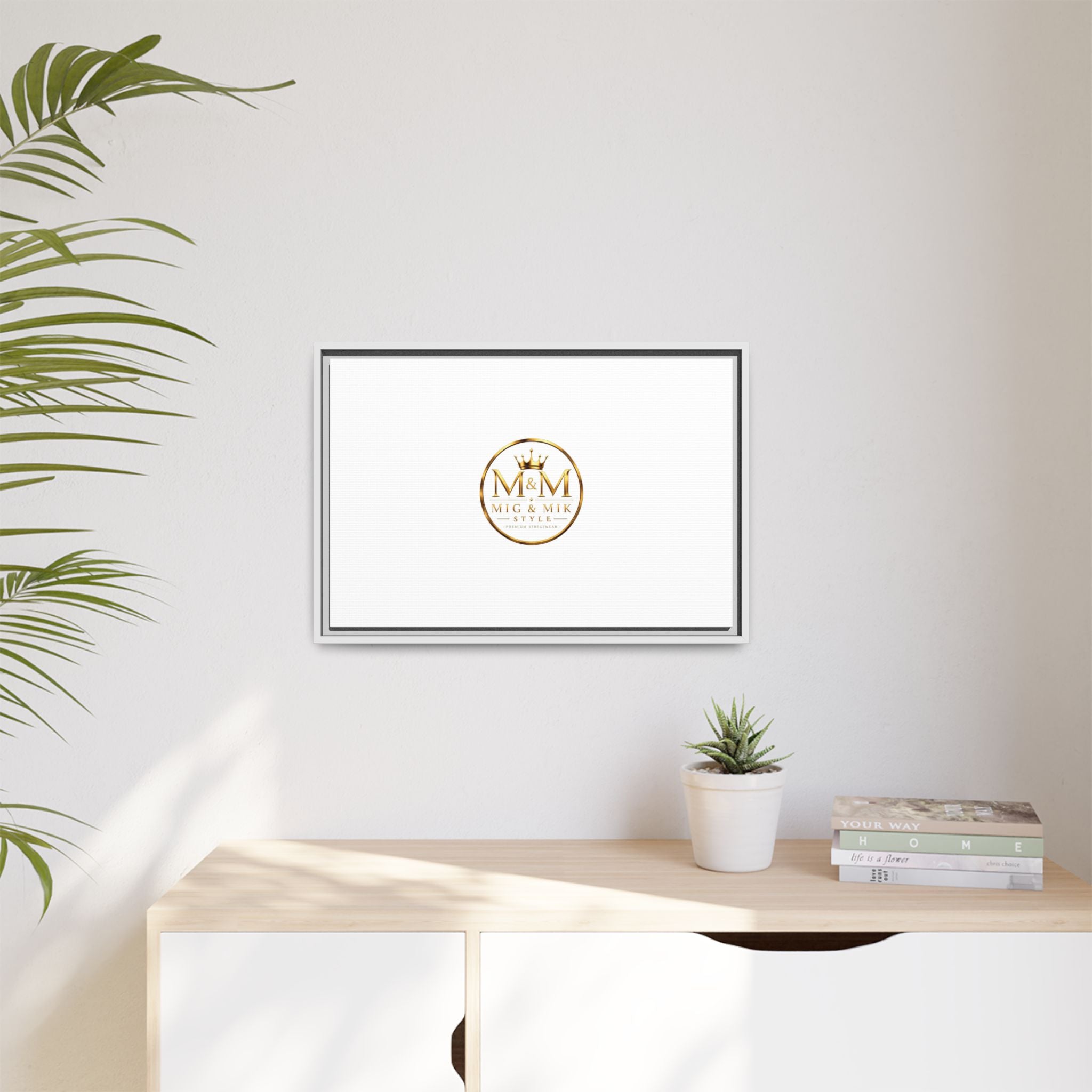 Framed Matte Canvas Print — Gold Mig & Mik Logo Wall Art