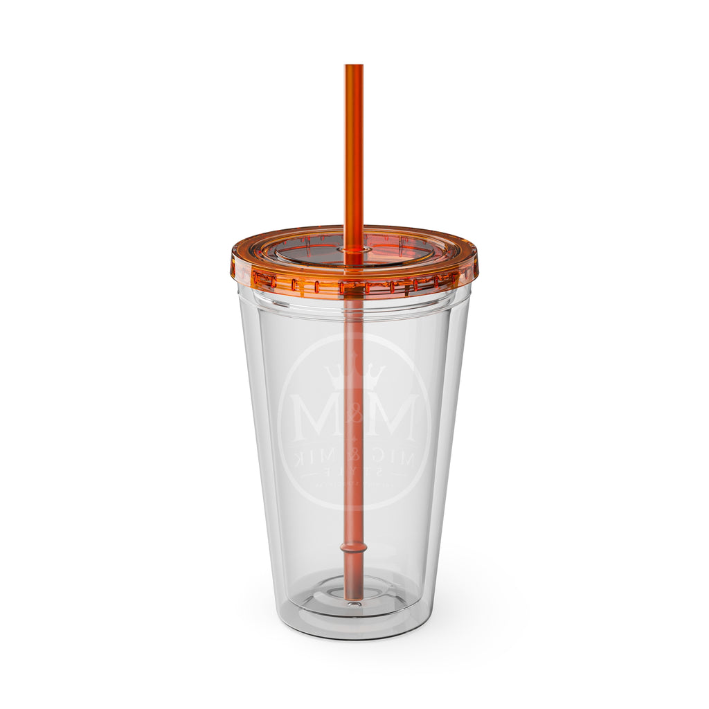 16oz Clear Tumbler with Straw — Gold Monogram 'MM' Crown Logo