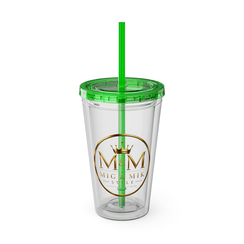 16oz Clear Tumbler with Straw — Gold Monogram 'MM' Crown Logo