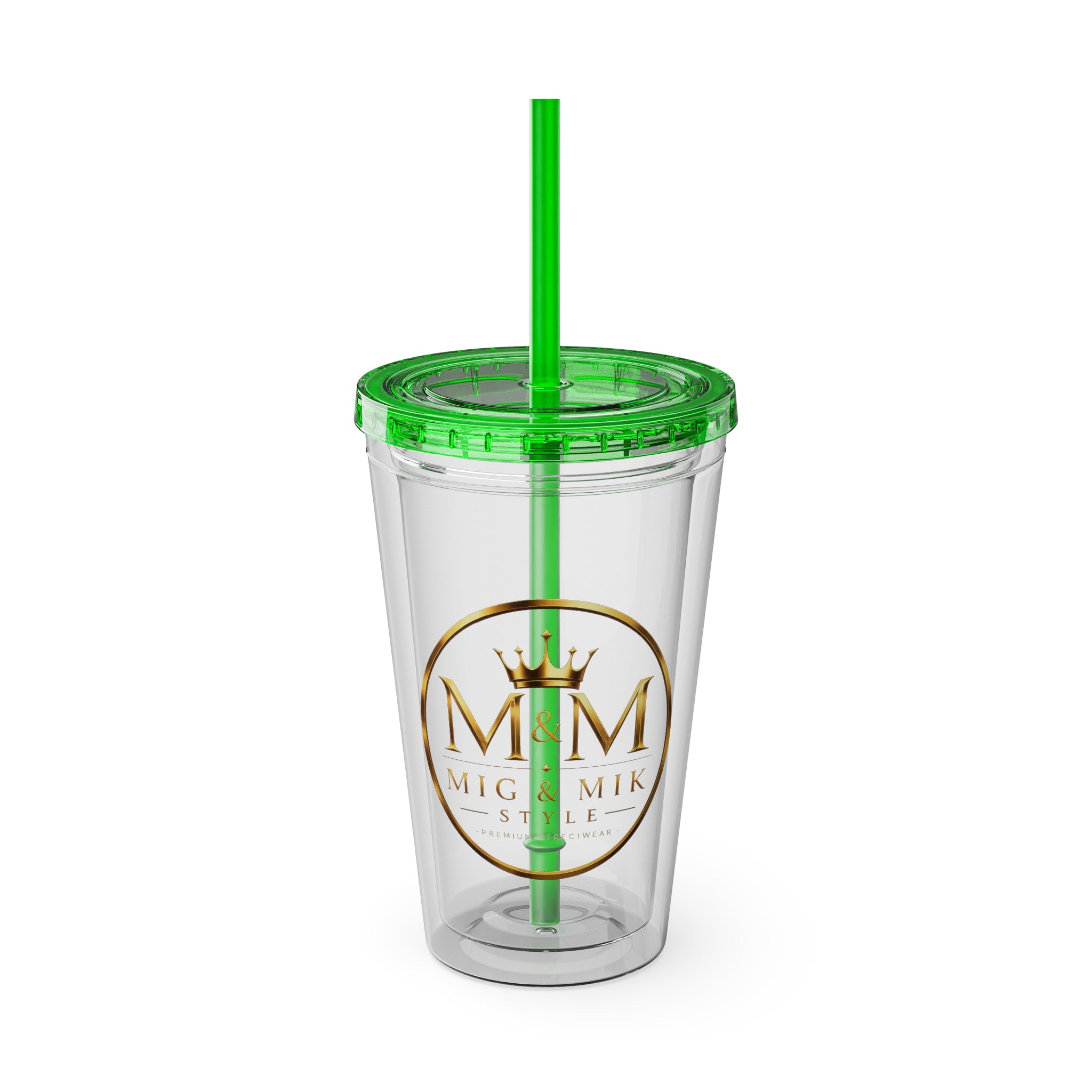 16oz Clear Tumbler with Straw — Gold Monogram 'MM' Crown Logo