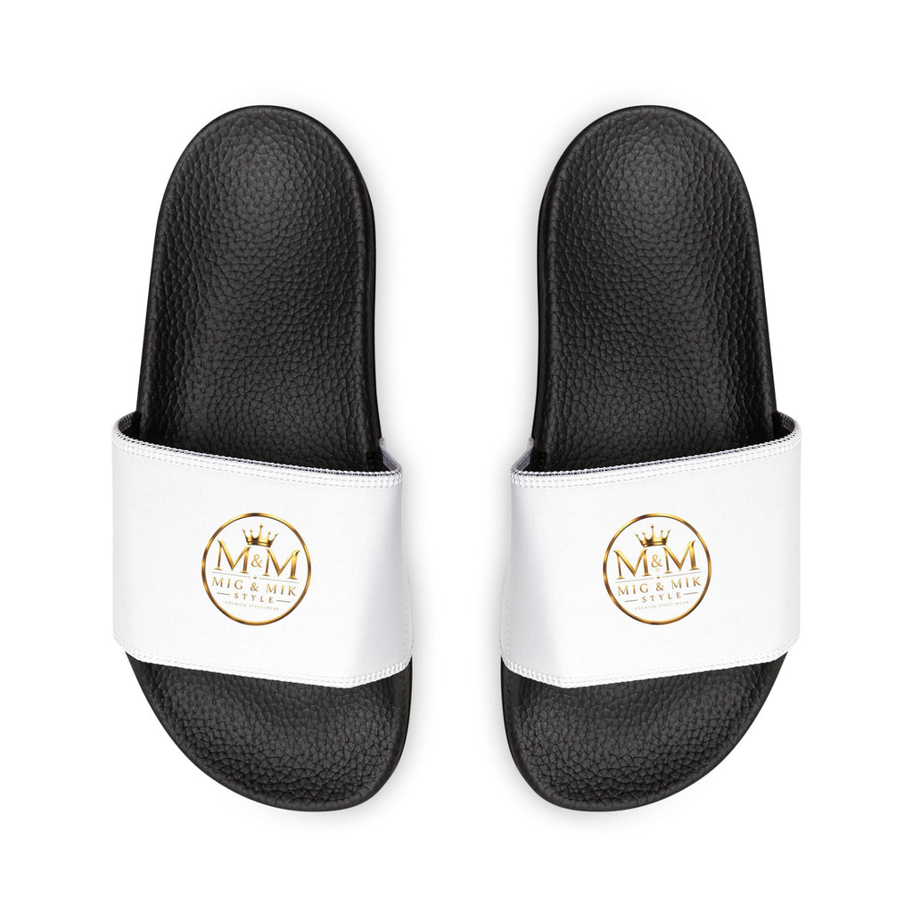 Women's Removable-Strap Sandals — White Slide Sandals with Gold Emblem
