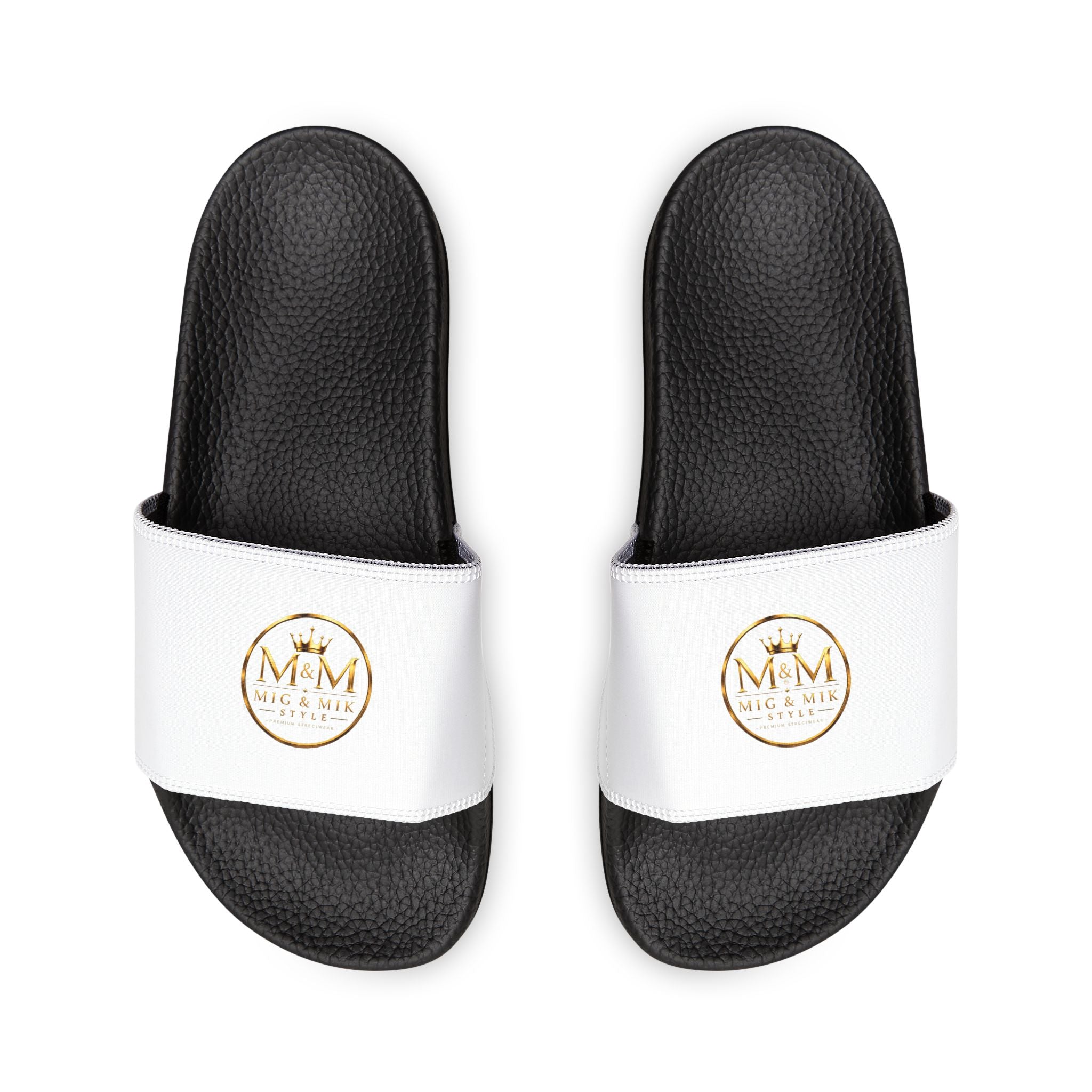Women's Removable-Strap Sandals — White Slide Sandals with Gold Emblem