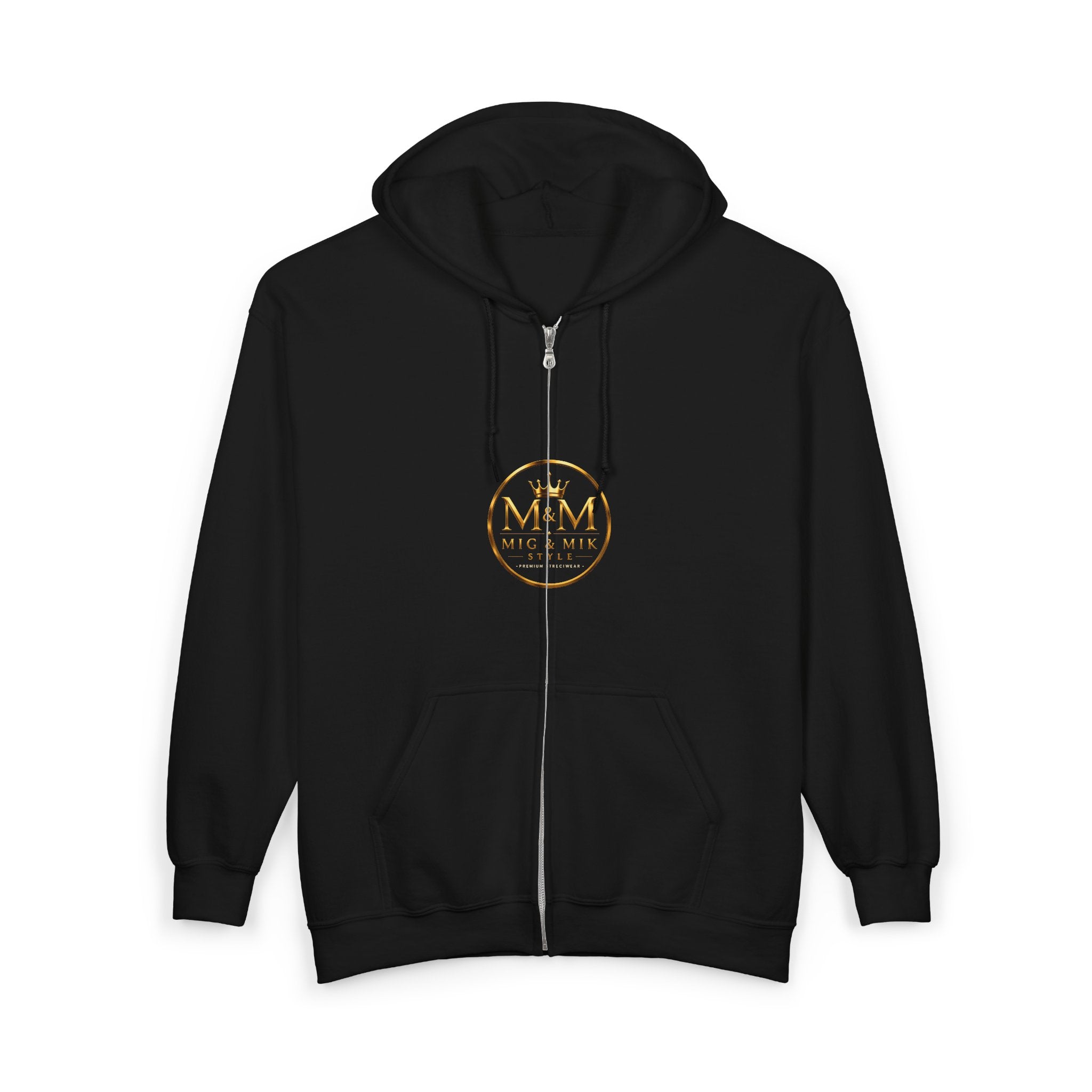 Gold Foil 'M&G Milk' Logo Zip Hoodie — Premium Black Full-Zip Sweatshirt