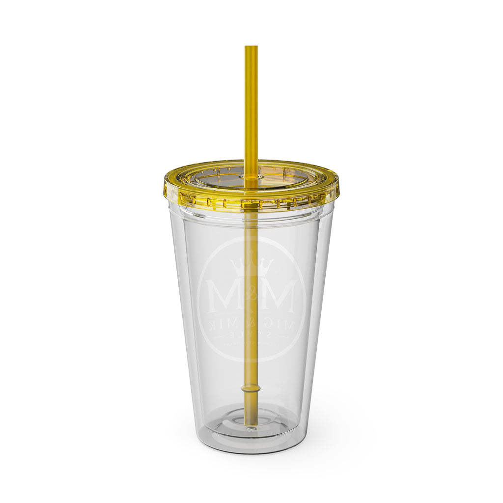 16oz Clear Tumbler with Straw — Gold Monogram 'MM' Crown Logo