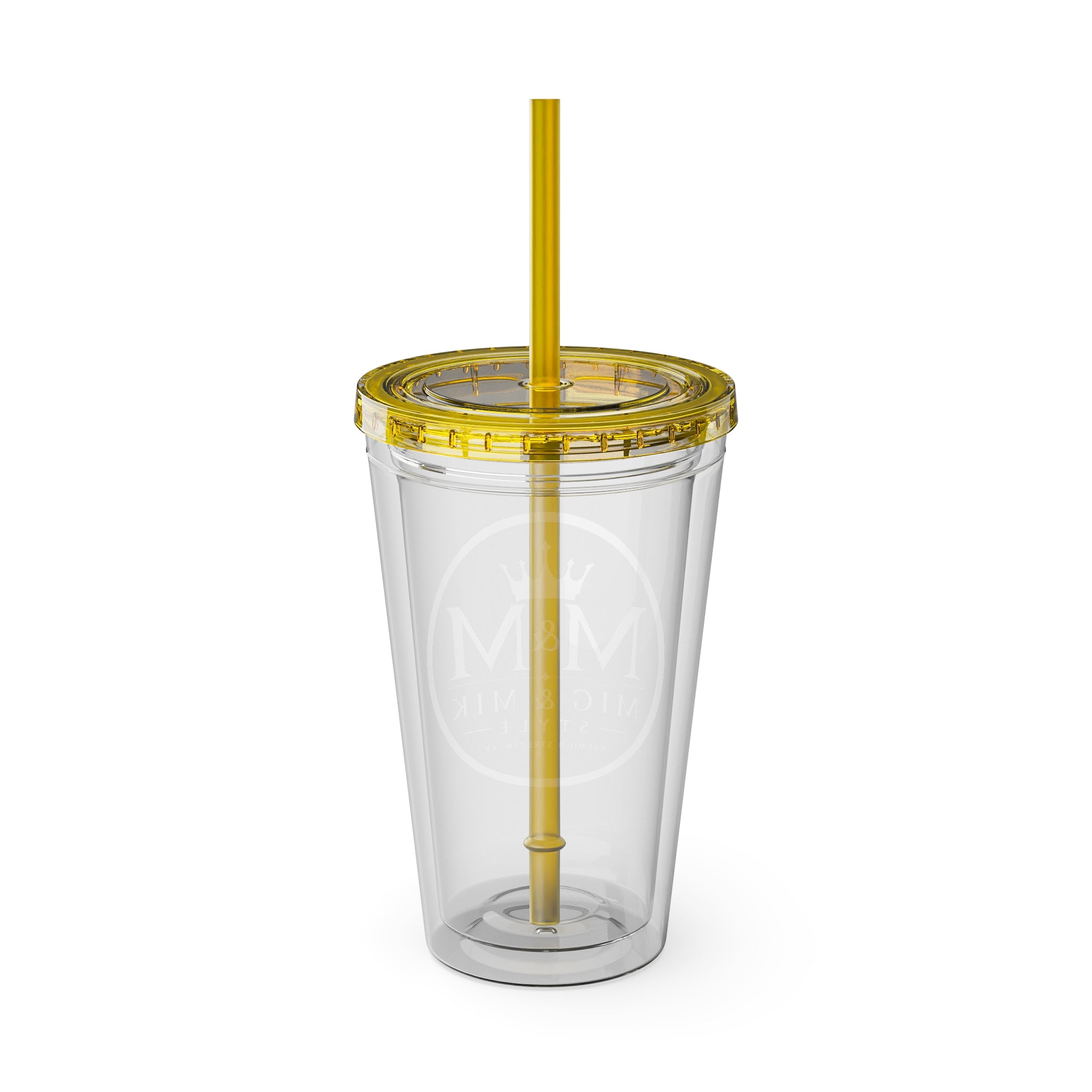 16oz Clear Tumbler with Straw — Gold Monogram 'MM' Crown Logo
