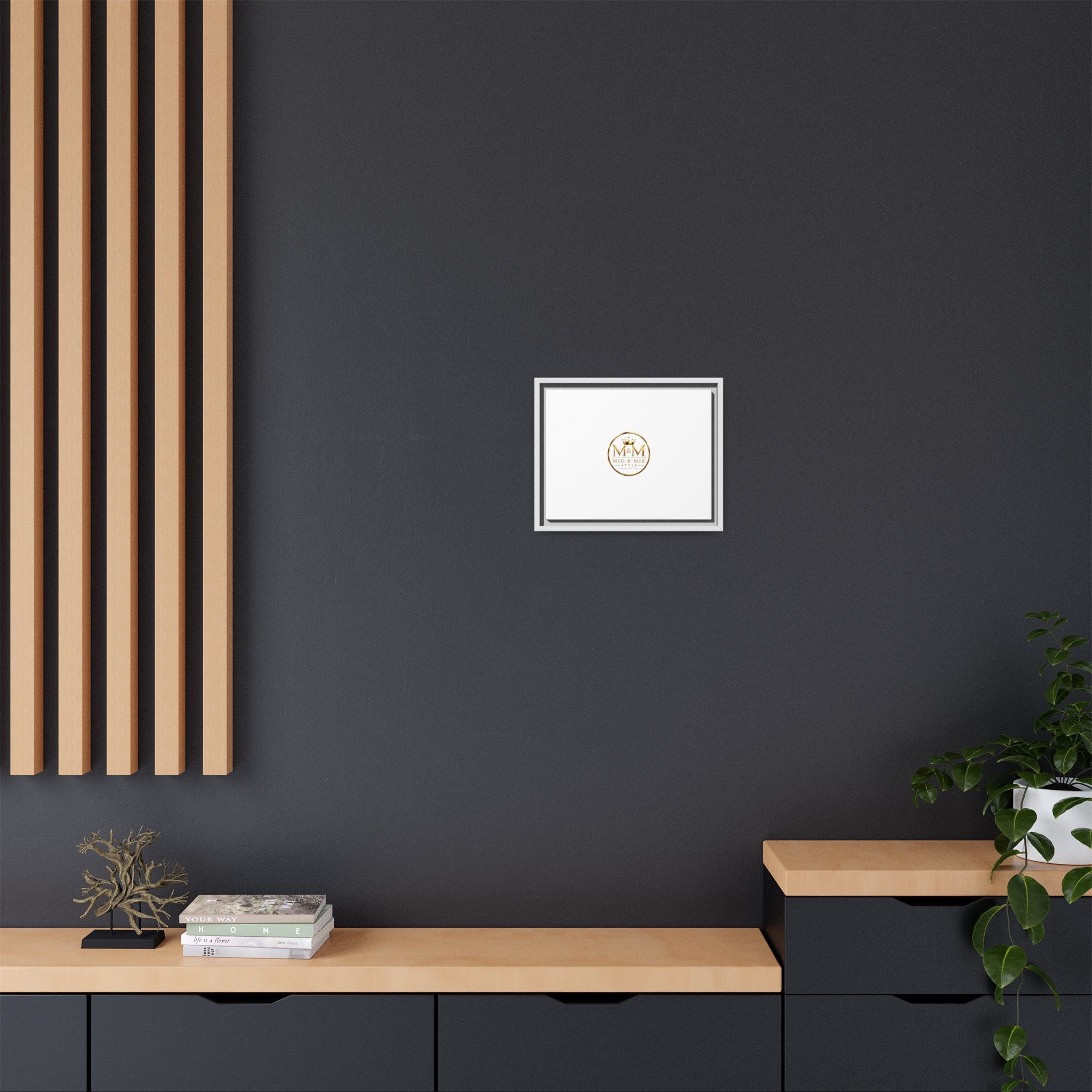Framed Matte Canvas Print — Gold Mig & Mik Logo Wall Art