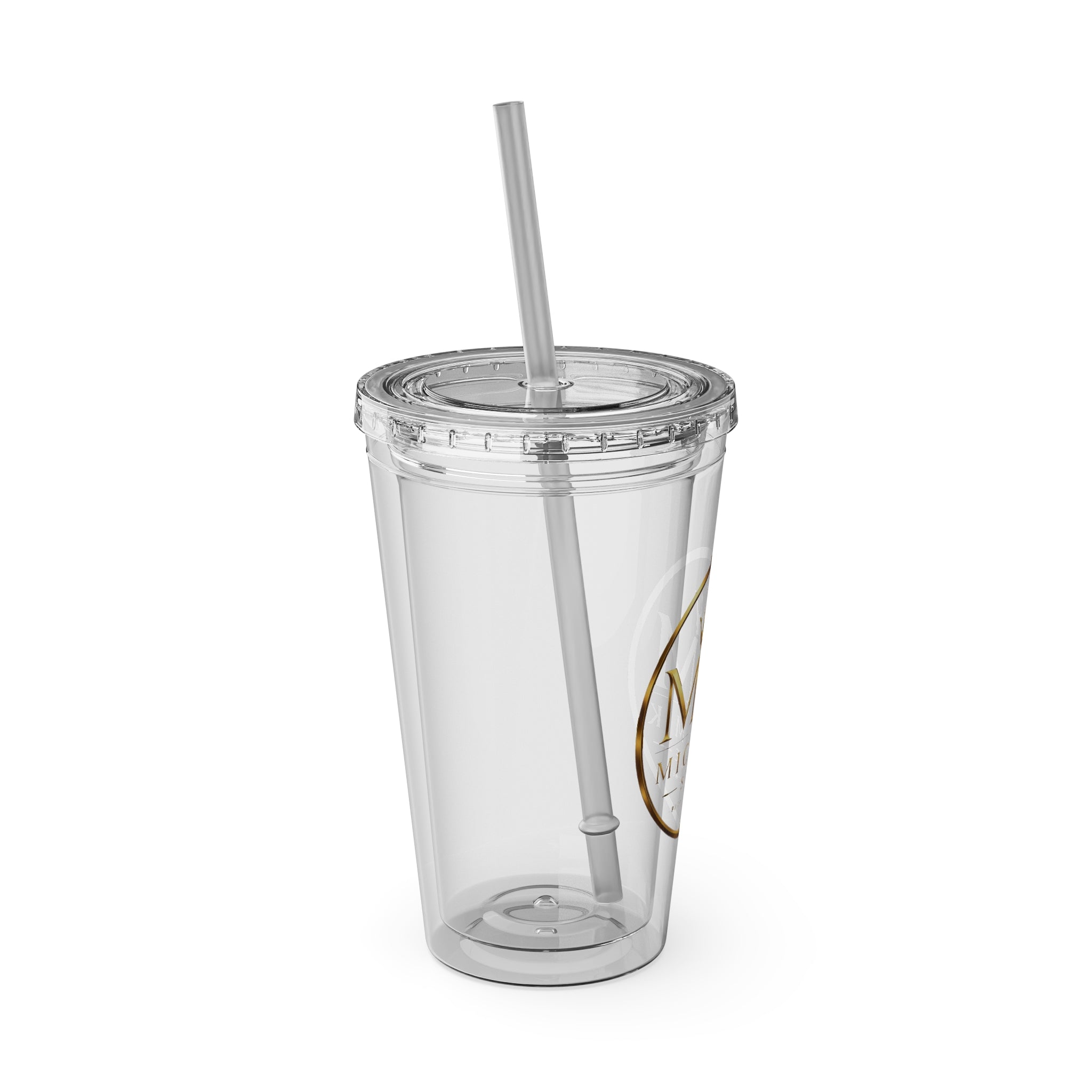 16oz Clear Tumbler with Straw — Gold Monogram 'MM' Crown Logo