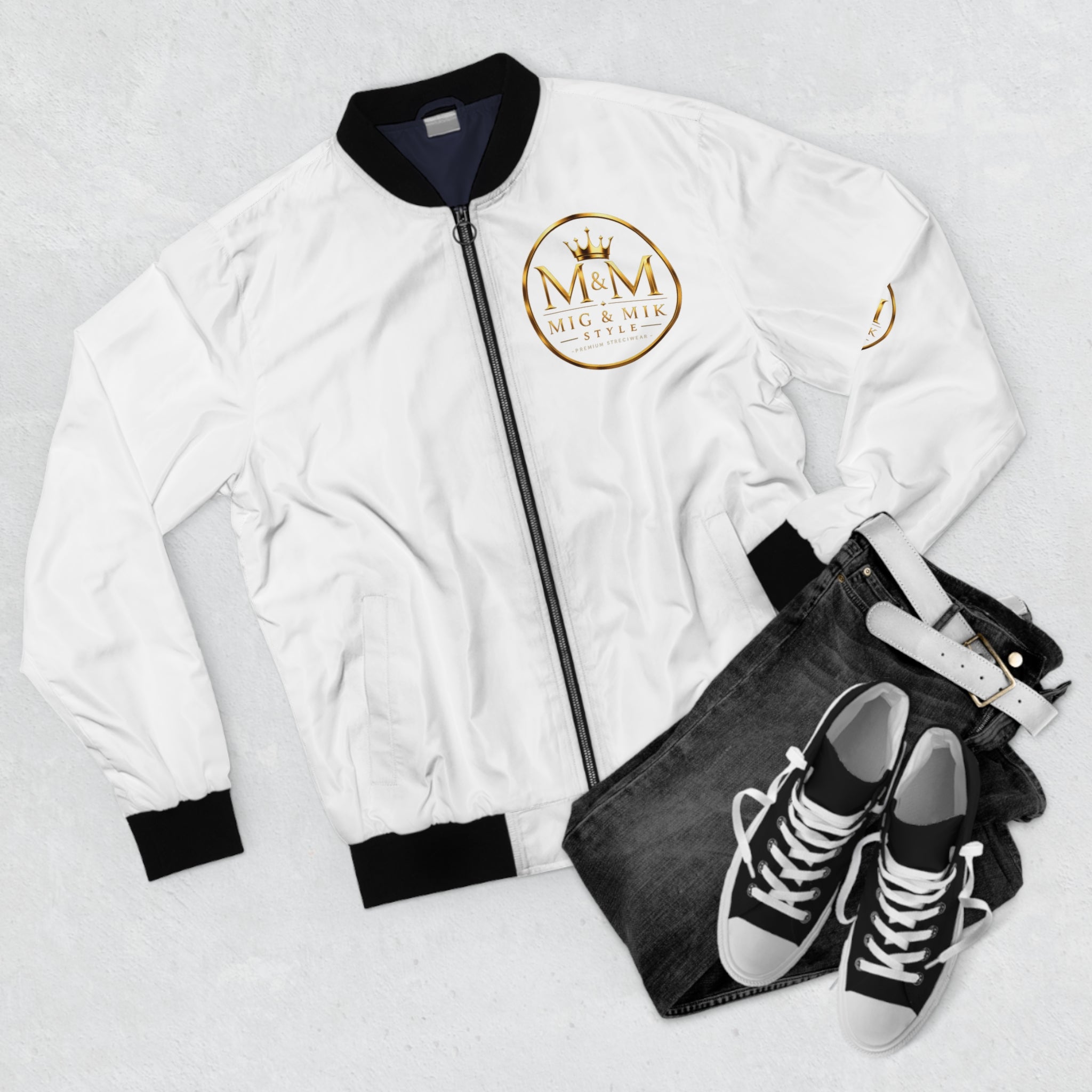 👑 MIG & MIK STYLE Luxury Bomber Jacket – White Gold Collection