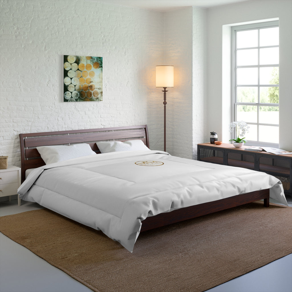 White Luxury Comforter with Gold Monogram Accent